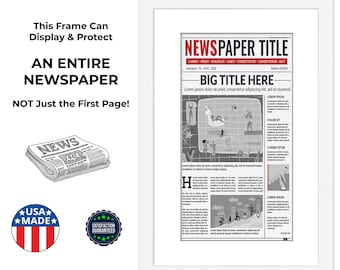 Matte White Finish Solid Wood Newspaper Frame with White Mat with UV-Resistant Acrylic Cover - Multiple sizes | Newspaper Not Included