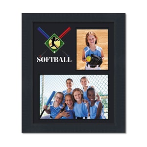 May include: Black framed photo collage featuring softball imagery. Includes a photo of a girl with a glove and ball, and a group photo of girls in softball uniforms. The word "SOFTBALL" is displayed with a softball graphic.