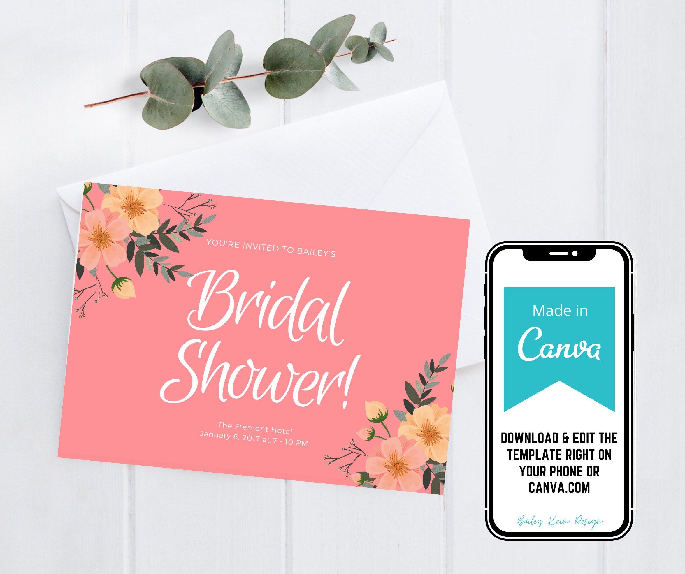 Editable Bridal Shower Invitation Digital Download Canva Template Pink