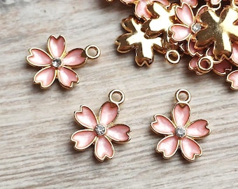 3stk Anhänger Blume Kirschblüte Rosa Gold mit Strass und Emaille