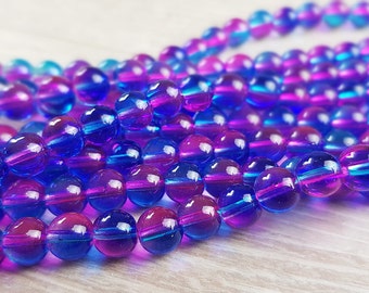 1 Strang 8mm Glasperlen Blau Magenta Lila Violett Perlen Farbverlauf Transparent Bunt