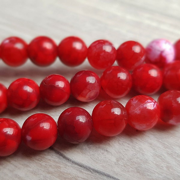 20stk Achat 8mm Perlen Rot Gefärbt Poliert Rund Crackle Achat