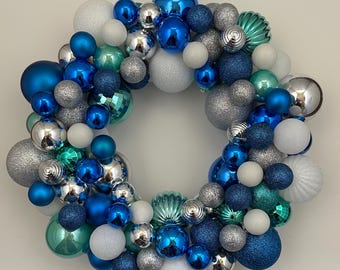 Blue Teal Silver & White Ornament Ball Wreath