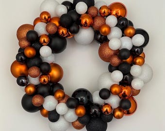 Orange Black & White Halloween Ornament Ball Wreath