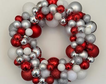 Red Silver & White Ornament Ball Wreath