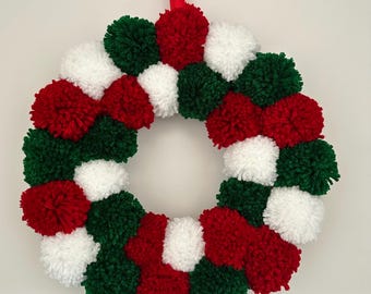 Red Green & White Holiday Pom Pom Wreath