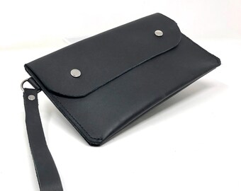 Black Leather Wristband Clutch, Genuine Leather Handbag.