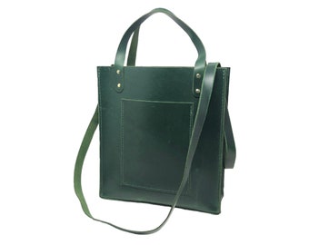 Green Leather Tote Bag, Genuine Leather Laptop Bag, Top Handle Purse