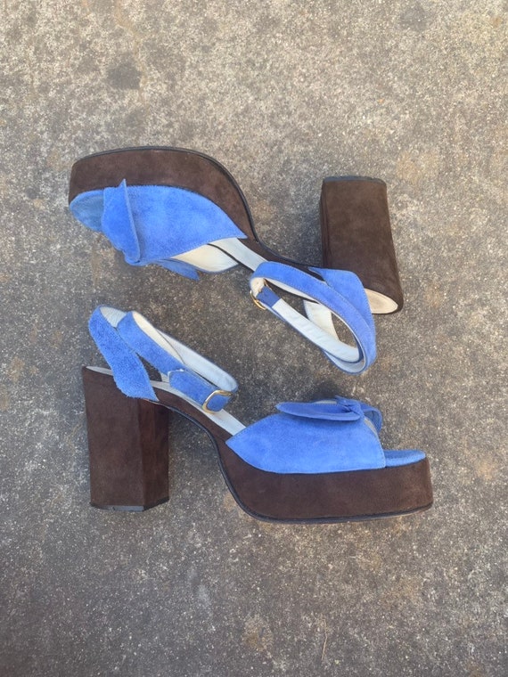 1970s Platform Heel Sandals / 7.5 / Blue / Brown
