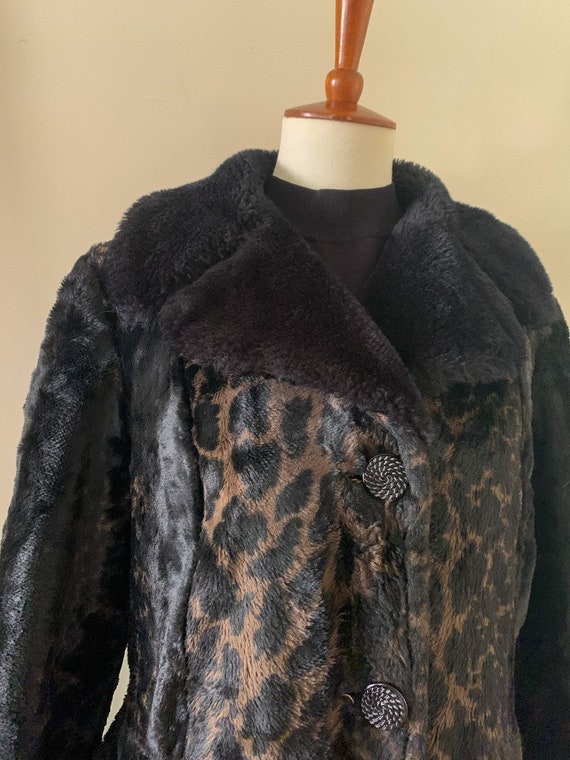 1960s Black Leopard Faux Fur Coat / Medium - image 3