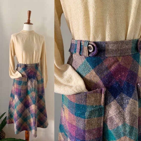 1970s Plaid Midi Skirt / XS Extra Small - image 1