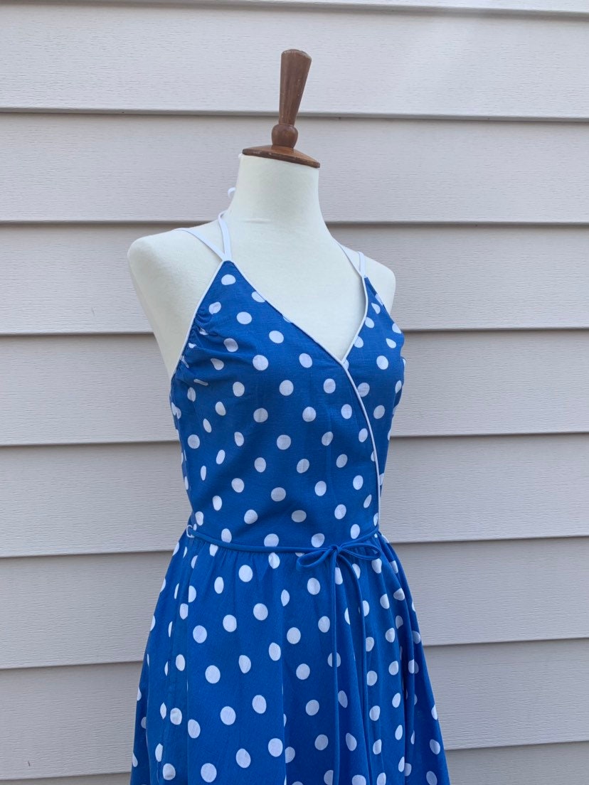 1970s Sundress / Blue and White Polka Dress / XS - Etsy