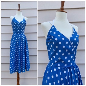 1970s sundress / blue and white polka dress / XS
