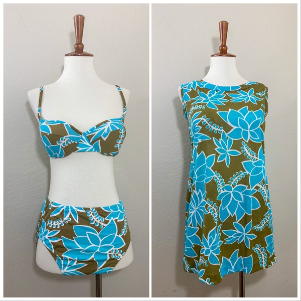 1960s Bikini & Coverup Set / Blue / Green