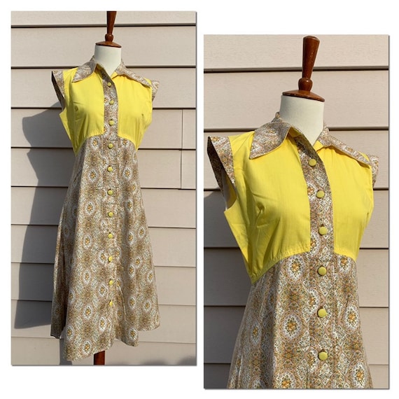 1970s Cotton Empire Waist Shirtdress / Yellow