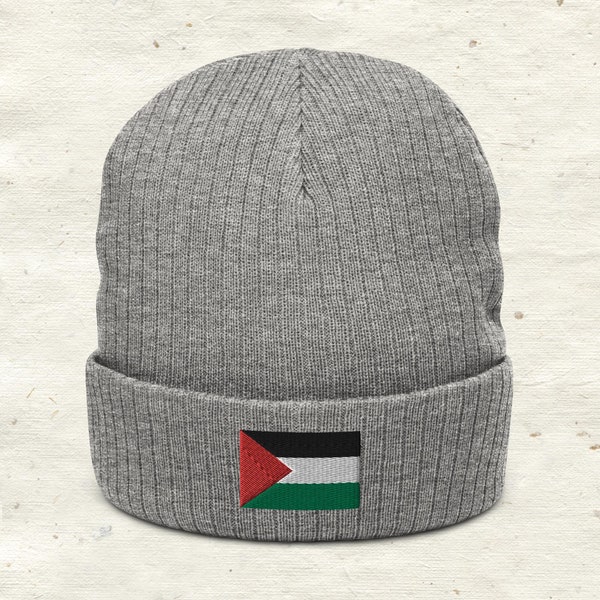 Palestine Flag Embroidered Beanie | Free Palestine Winter Hat | 50% Recycled Polyester Ribbed Beanie | Palestinian Skull Cap Christmas Gift