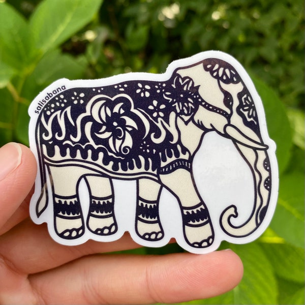 Thai Elephant Waterproof Sticker | Detailed Elephant Laptop Decal | Asian Animal Wall Sticker | Traditional Thailand Artwork Sticker