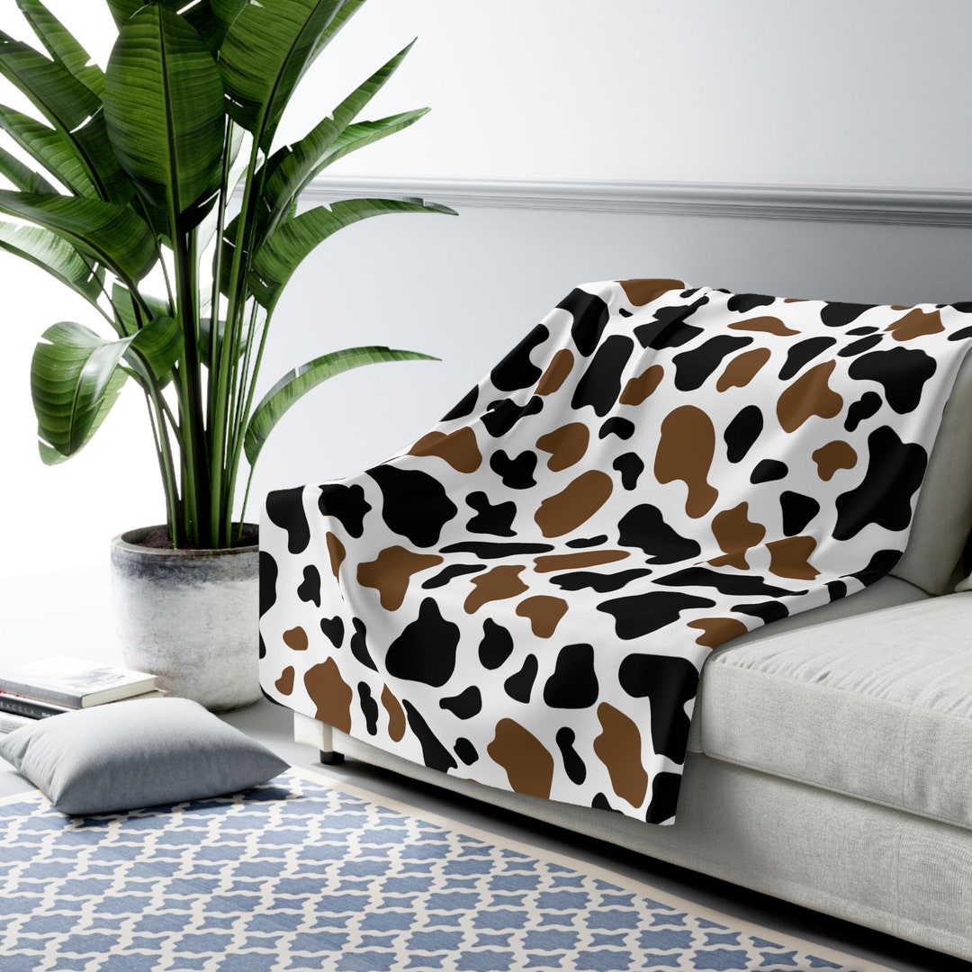 Cow Print Sherpa Blanket, Black & Brown Cow Print Throw Blanket, Cow