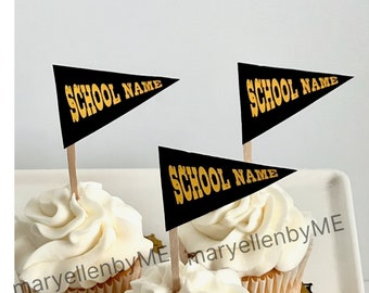 Customized Pennant School Name cupcake/cake toppers  - Set of 12 (Assembled)