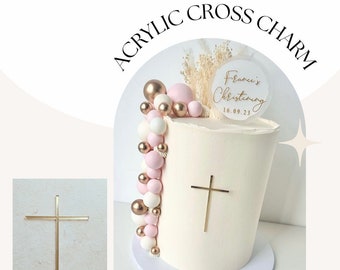 Acrylic christening, baptism, slim gold mirror cross cake charm, 10cm