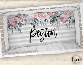 Sábana de cuna personalizada - Sábana de cuna con temática floral - Sábana ajustable personalizada para cuna de bebé - Regalo para baby shower - Personalizada - Sábana de cuna -