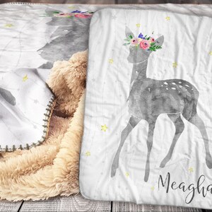 Personalized Blanket - Sherpa Throw Blanket -  Deer Blanket - Floral Deer Blanket - Personalized Name Blanket - Baby Blanket - Sherpa
