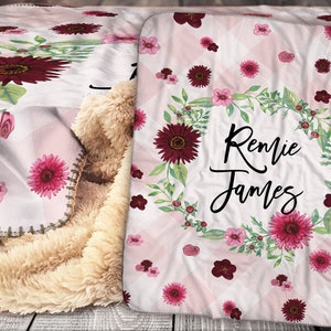 Personalized Blanket - Sherpa Throw Blanket -  Floral Pattern Blanket - Flower Blanket - Personalized Name Blanket - Baby Blanket - Sherpa