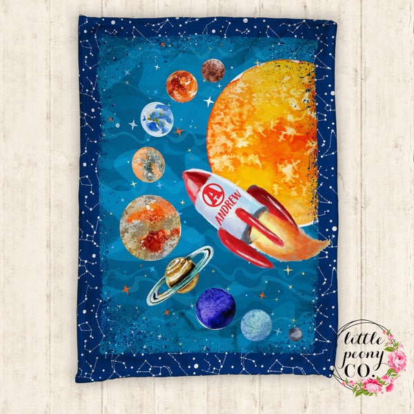 Personalized Solar System Name Blanket - Custom Minky Blanket with Galaxy and Rocket Print - 30x40, 50x60, 60x80