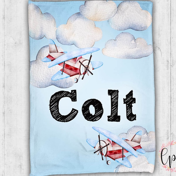Personalized Baby Blanket - Receiving Baby Blanket - Aviation Airplane Theme - Vintage Airplane Personalized Blanket - Airplane Baby Blanket