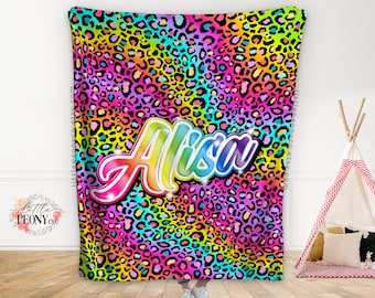 90s Custom Blanket for Girls - Rainbow Leopard Personalized Blanket Girls Nursery - 90s Nostalgia Custom Girls Blanket - 90s Nursery Decor