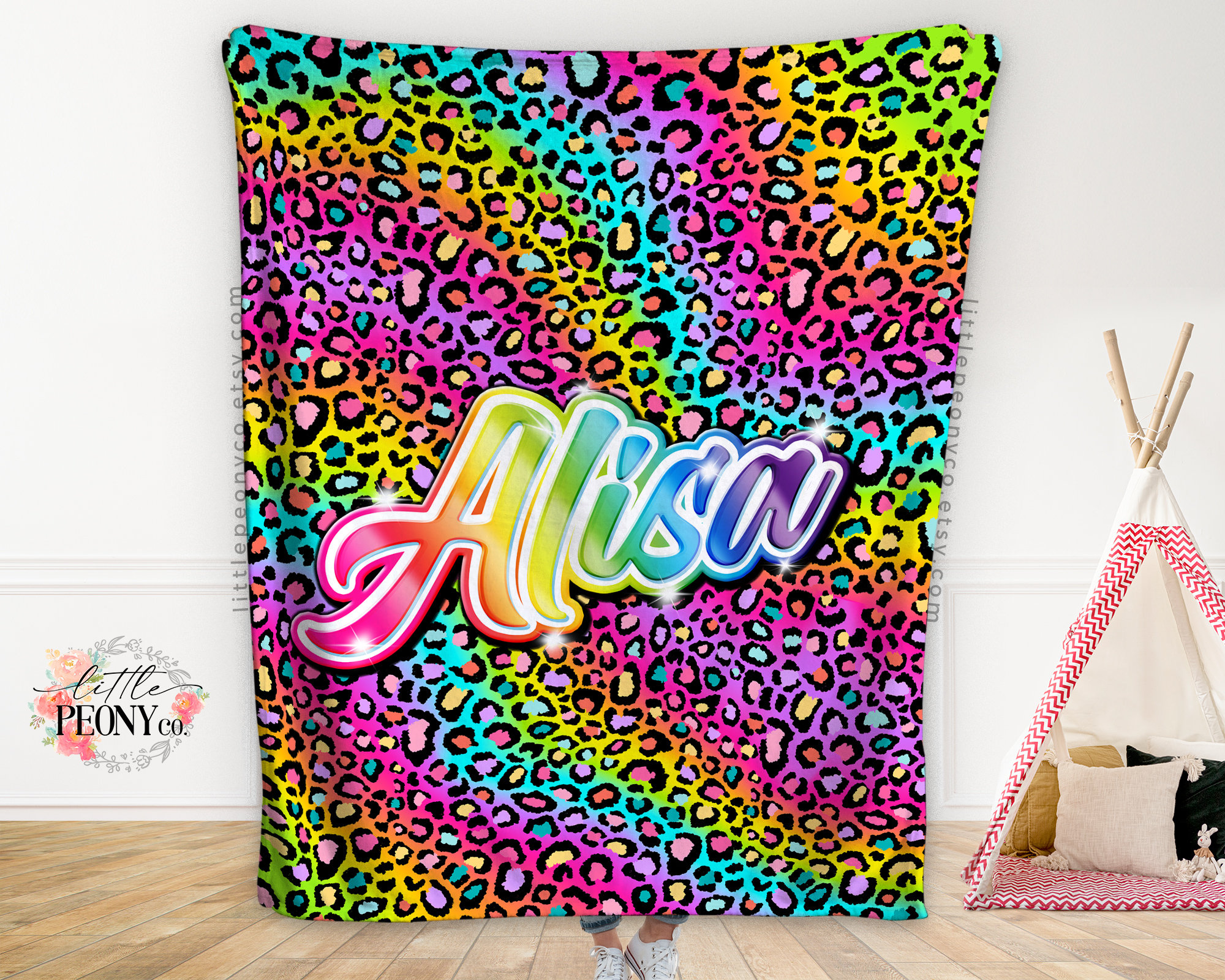 90s Custom Blanket for Girls - Rainbow Leopard Personalized
