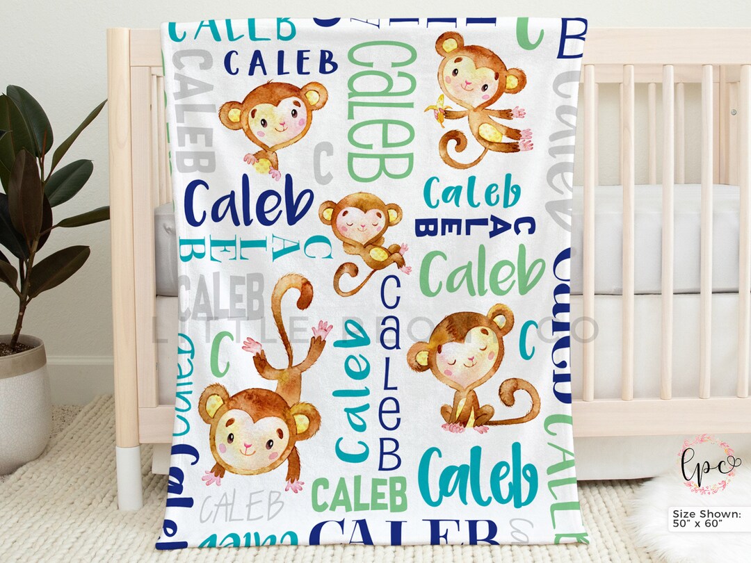 Personalized Monkey Blanket Custom Monkey Baby Boy Blanket Monkey Name
