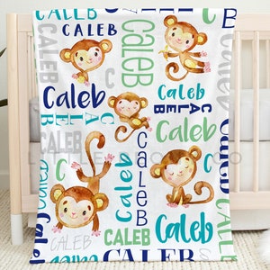 May include: A white baby blanket with a blue, green, and gray pattern featuring the name "Caleb" repeated throughout. The blanket is decorated with watercolor illustrations of monkeys in various poses.