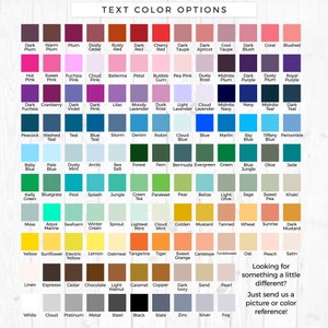 May include: A color chart with a wide array of hues, from dark plum to fog, for text color options. Each color is labeled, including shades of pink, blue, green, and brown. The chart also includes a request to send a color reference.