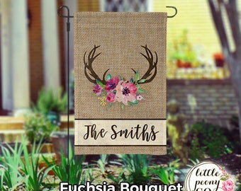 Personalized Garden Flag - Antler and Floral Bouquet Faux Burlap - Custom Yard Flag - Faux Burlap - Personalized Yard Flag