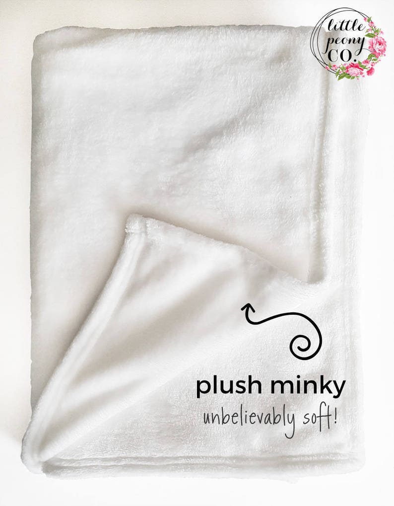 May include: White plush minky blanket with the text "plush minky unbelievably soft!" and a small arrow pointing to the fabric.