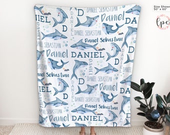 Personalized Shark Blanket - Custom Shark Blanket for Boys - Personalized Shark Name Blanket Nursery - Sea Animals Nursery Custom Blanket