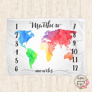 Manta de hitos mensuales - Manta de hitos para bebé - Manta mensual - Manta para bebé - Manta personalizada - Mapa arcoíris acuarela unisex