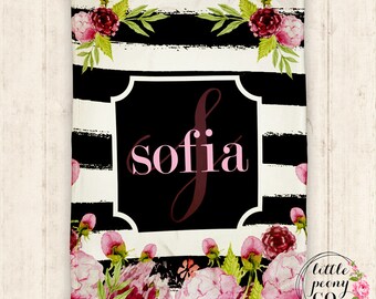 Monogram Personalized Blanket - Receiving Blanket Birthday Gift with Floral Rose Pattern - 30x40, 50x60, 60x80