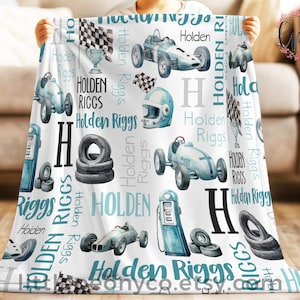 Personalized Race Car Blanket - Retro Racecar Name Blanket - Custom Race Car Blanket Boys - Race Car Nursery Decor - Racecar Nursery for Boy