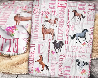 Personalized Horse Baby Blanket - Horse Sherpa Throw Blanket -  Personalized Baby Girl Blanket - Floral Horse Personalized Baby Blanket