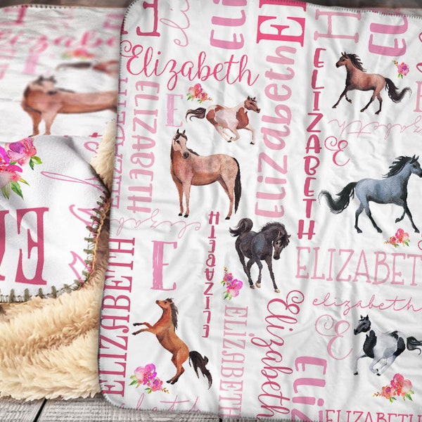 Personalized Horse Baby Blanket - Horse Sherpa Throw Blanket -  Personalized Baby Girl Blanket - Floral Horse Personalized Baby Blanket