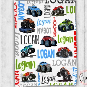 Personalisierte Baby Namensdecke - Monstertrucks Babydecke - Monstertruck Babydecke - Monstertrucks personalisierte Baby Namensdecke