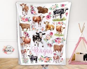 Floral Cow Baby Blanket - Farmhouse Floral Nursery - Baby Cow Nursery Decor - Highland Cow Nursery - Farmhouse Cow Baby Nursery Baby Blanket