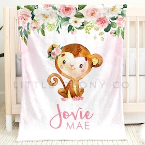 Personalized Monkey Blanket - Monkey Baby Blanket - Monkey Nursery Decor for Girls - Jungle Animals Nursery - Pink Safari Nursery Theme