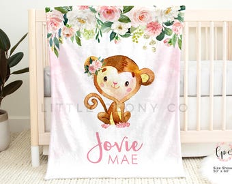 Personalisierte Affe Decke - Affe Baby Decke - Affe Kinderzimmer Dekor für Mädchen - Dschungeltiere Kinderzimmer - Rosa Safari Kinderzimmer Thema