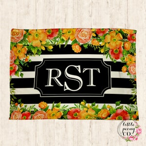 Monogram Personalized Floral Print Blanket Super Plush Minky Blanket with Watercolor Floral Flower Wreath 30x40, 50x60, 60x80 image 1