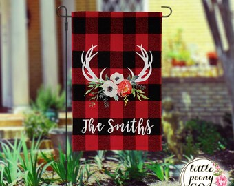Personalized Garden Flag - Antler and Floral Bouquet Flannel Custom Yard Flag