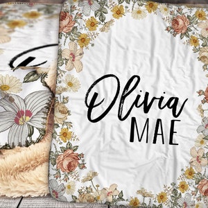 Personalized Blanket - Sherpa Throw Blanket -  Floral Blanket - Wildflowers Blanket - Personalized Blanket - Vintage Baby Blanket - Sherpa