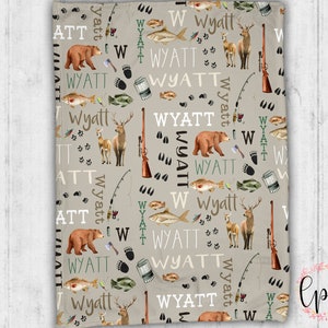 Cobertor de caça e pesca personalizado - Cobertor de caça personalizado para bebês - Cobertor de caça para bebês - Cobertor com nome personalizado - Urso e veado ao ar livre